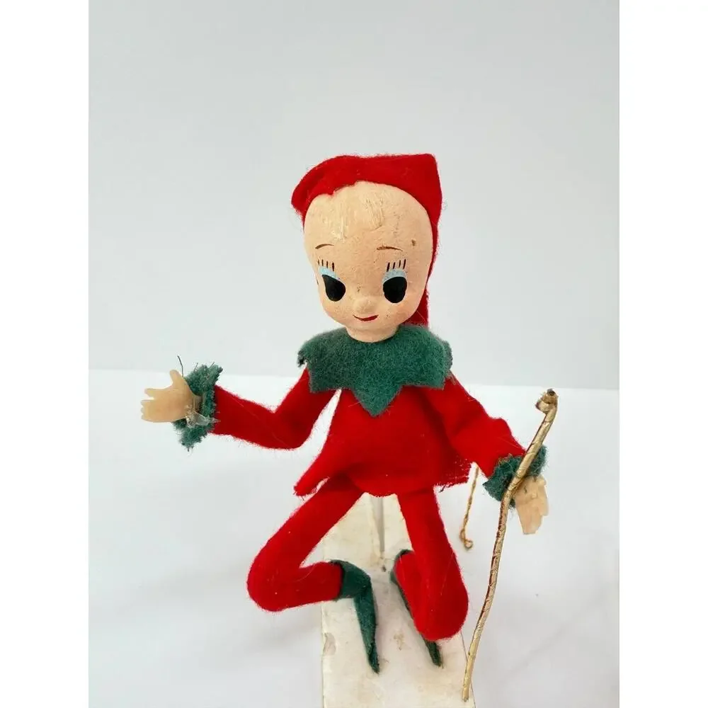 Vintage Christmas Elf Pixie Skier Dolls Plastic Felt Ski Holiday Decor Set